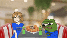 a frog and a girl are sitting at a table with a plate of chicken nuggets and two mountain dew bottles