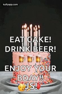 a birthday cake with candles and beer glasses on it .
