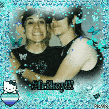 a picture of a man and a woman with a hello kitty heart on the bottom