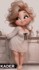 a girl in a white dress is holding a cup of coffee and the name kader is on the bottom right