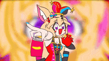 a cartoon drawing of a fox with a jester hat holding a can of soda .