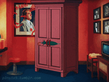 a cartoon drawing of a wardrobe with a picture of a man behind it