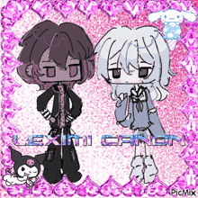 a boy and a girl are standing next to each other on a pink background with the word leximi canon written on it