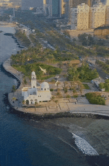 an aerial view of a small island in the middle of a city