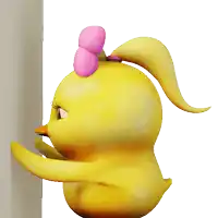 a yellow chick with a pink bow on its head