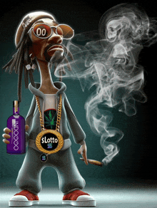 a cartoon character smoking a cigarette and holding a bottle that says $ lotto