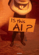a person in a clown costume holding a sign that says " is this ai "