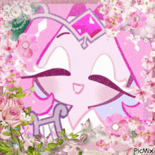 a picture of a cartoon character surrounded by pink flowers