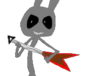 a drawing of a gray rabbit holding a guitar