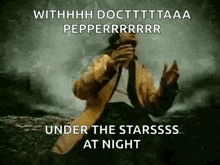 a man singing into a microphone with the words " under the starsss at night " on the bottom