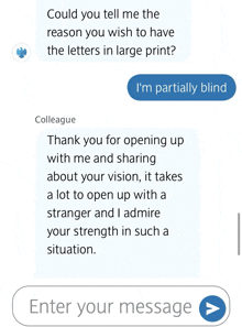 a screenshot of a text message between a colleague and a blind person