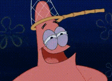 patrick star from spongebob squarepants is wearing a sombrero and holding a fishing rod in his hand .