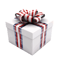 a white gift box with red white and blue striped ribbons
