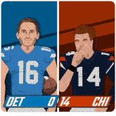 two football players with the number 16 and 14 on their jerseys are standing next to each other