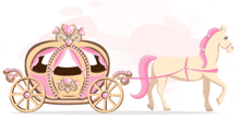 a horse is pulling a pink carriage with hearts on the side