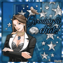 a picture of a woman with an owl and the words goodnight chat