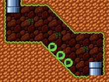 a pixel art of a rocky area with green circles that say p
