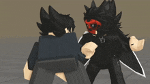 a cartoon character wearing a red mask holds a black and white sword