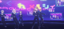 a group of anime characters are dancing in front of a sign that says " gure "