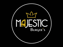 a logo for majestic burger 's with a crown on a black background