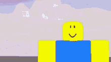 a white roblox character with a smile on his face is standing next to a yellow roblox character .