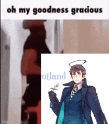 a man in a suit holding a flower next to a picture of a man with a halo