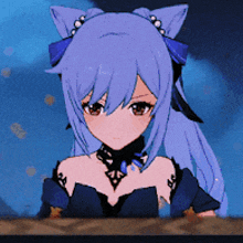 a purple haired anime girl with cat ears