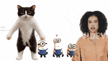 a black and white cat standing next to a woman and two minions