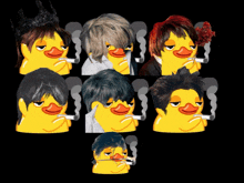 a group of rubber ducks with different hairstyles and smoking cigarettes