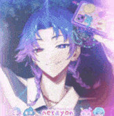a girl with purple hair is holding a phone and the word netayon is on the bottom right