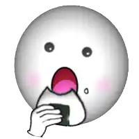 a cartoon face with a hand holding a piece of food in front of it
