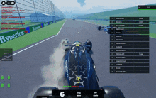 a race car is driving down a track with a hyperion banner on the side of it
