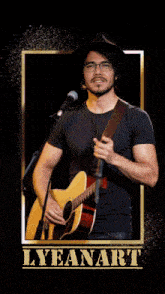 a man is holding a guitar and singing into a microphone with the name lyfanart on the bottom right