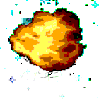 a pixel art drawing of a fireball with a few stars around it