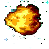 a pixel art drawing of a fireball with a few stars around it