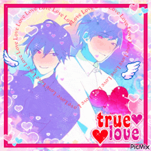 a picture of two boys with hearts and the words true love on the bottom