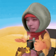 a cartoon character wearing a hood and scarf holds a cup of coffee