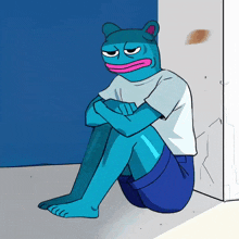 a cartoon of a blue frog sitting on the ground