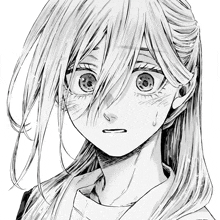 a black and white drawing of a girl with long white hair