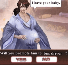 a man with a huge belly is being asked to promote him to bus driver