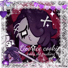 a picture of a licorice cookie surrounded by purple hearts