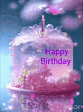a pink birthday cake with flowers and a candle on it