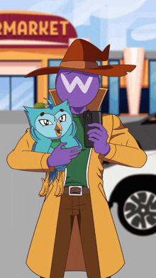 a man with a w on his face is holding a bird
