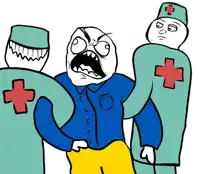 a cartoon of a man with a blue shirt and two nurses with red crosses on their backs