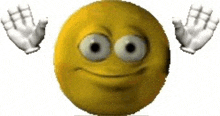 a yellow smiley face with white eyes and white gloves is waving .