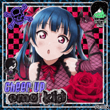 a picture of an anime girl with the words cheer up emo kid on it