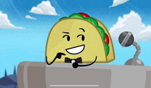 a cartoon taco wearing a bow tie and a headset