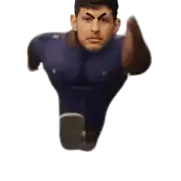 a man in a blue shirt and tie is running with his eyes closed