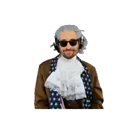 a man wearing a wig and sunglasses is dressed up as benjamin franklin
