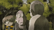 three cartoon characters are standing next to each other